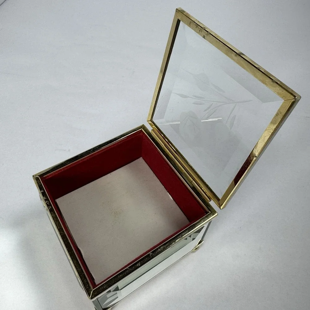 Vintage MELE Beveled Glass Jewelry Trinket Box Etched Rose Red Velvet Taiwan ROC